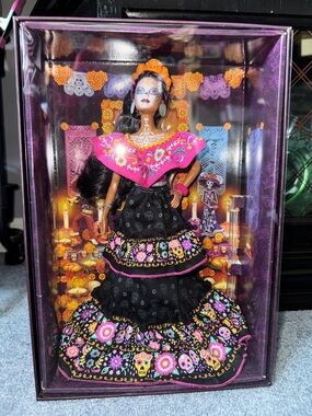 Dia De Muertos Day of the Dead 2021 Themed Barbie with Floral Black & Pink Dress